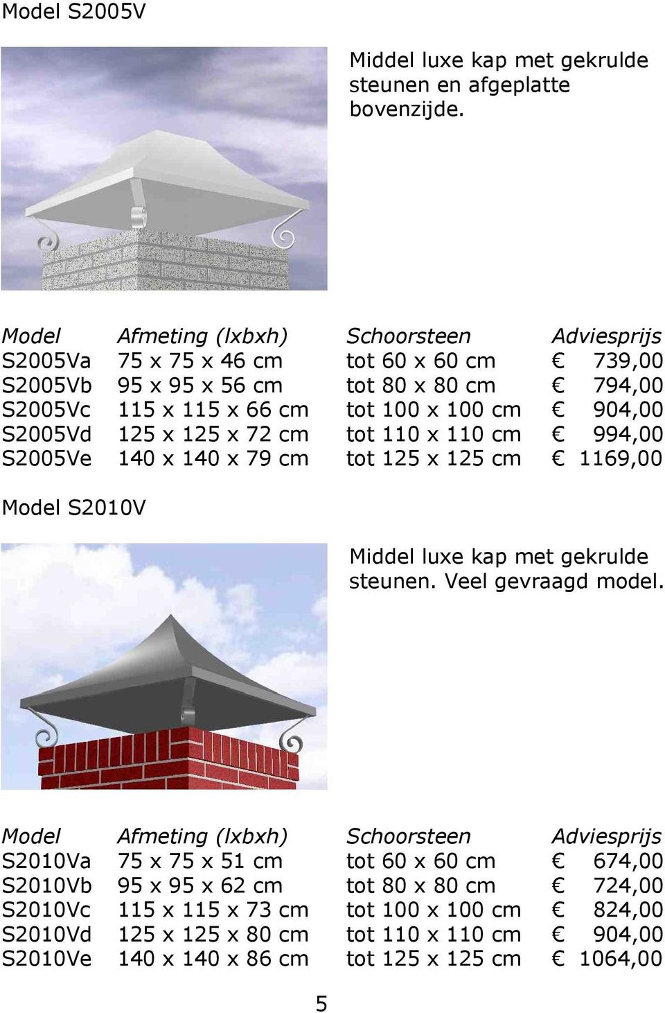 904,00 S2005Vd 125 x 125 x 72 cm tot 110 x 110 cm 994,00 S2005Ve 140 x 140 x 79 cm tot 125 x 125 cm 1169,00 Model S2010V Middel luxe kap met gekrulde steunen. Veel gevraagd model.