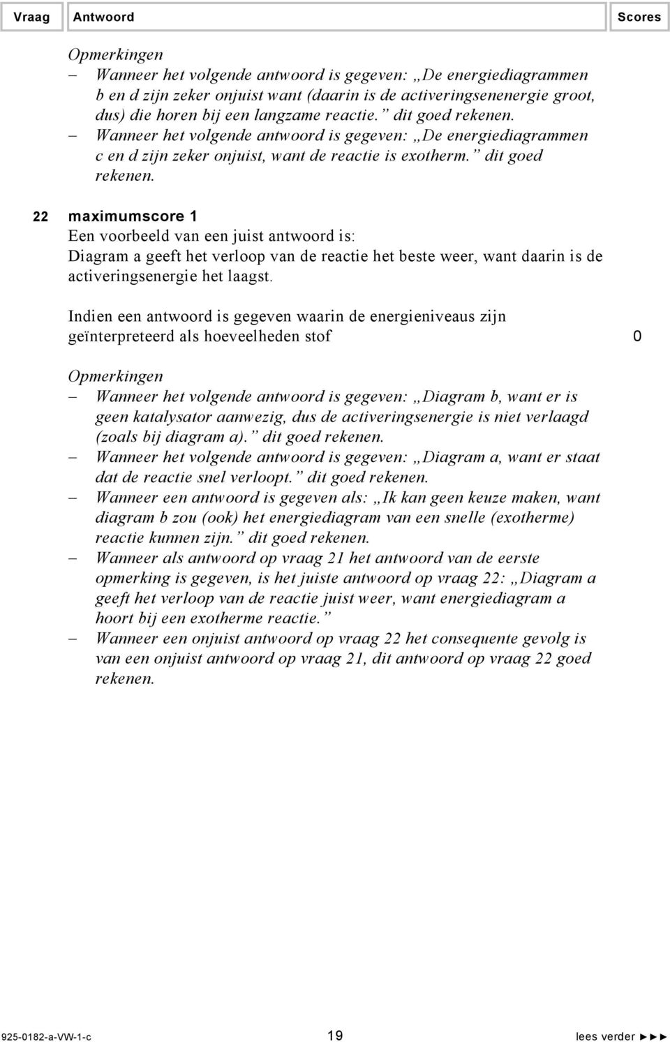 22 maximumscore 1 Een voorbeeld van een juist antwoord is: Diagram a geeft het verloop van de reactie het beste weer, want daarin is de activeringsenergie het laagst.