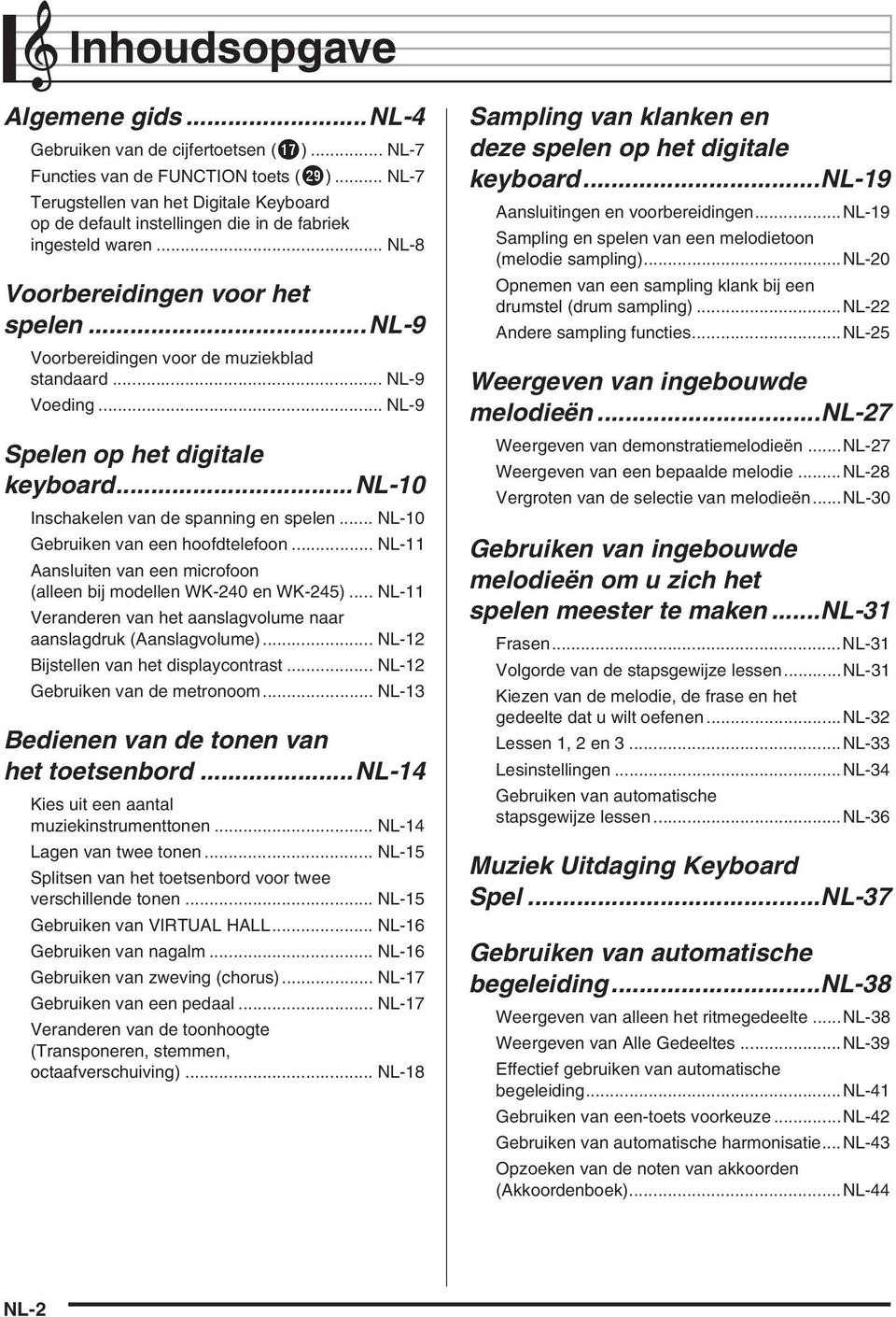 .. NL-9 Voeding... NL-9 Spelen op het digitale keyboard...nl-10 Inschakelen van de spanning en spelen... NL-10 Gebruiken van een hoofdtelefoon.
