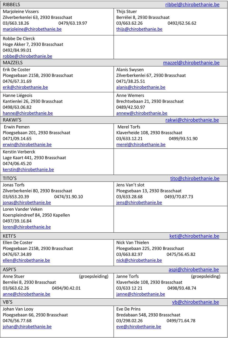 be RAKWI S Erwin Pemen Ploegsebaan 201, 2930 Brasschaat 0471/09.14.65 erwin@chirobethanie.be Kerstin Verberck Lage Kaart 441, 2930 Brasschaat 0474/06.45.20 kerstin@chirobethanie.