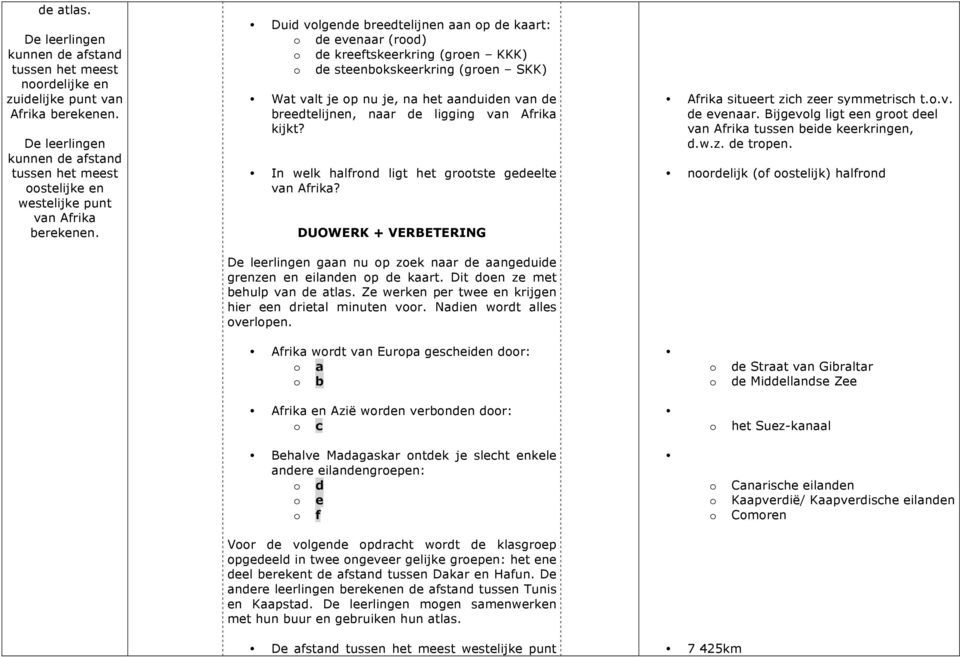 van Afrika kijkt? In welk halfrnd ligt het grtste gedeelte van Afrika? DUOWERK + VERBETERING gaan nu p zek naar de aangeduide grenzen en eilanden p de kaart. Dit den ze met behulp van de atlas.