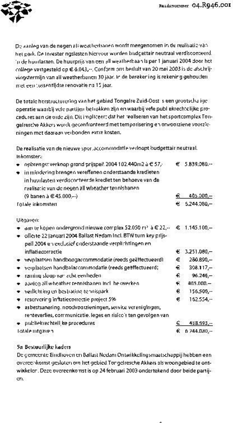 De investeringslasten hiervoor worden budgettair neutraal verdisconteerd in de huurlasten. De huurprijs van een ali weatherbaan is per 1 januari 2004 door het college vastgesteld op 66.043,ÃćâĆňâĂİ.