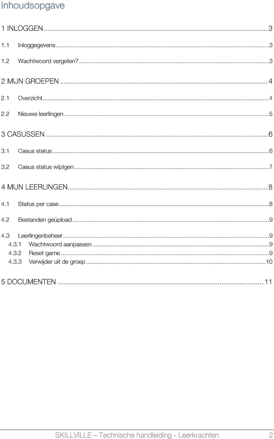 .. 8 4.1 Status per case... 8 4.2 Bestanden geüpload... 9 4.3 Leerlingenbeheer... 9 4.3.1 Wachtwoord aanpassen... 9 4.3.2 Reset game.