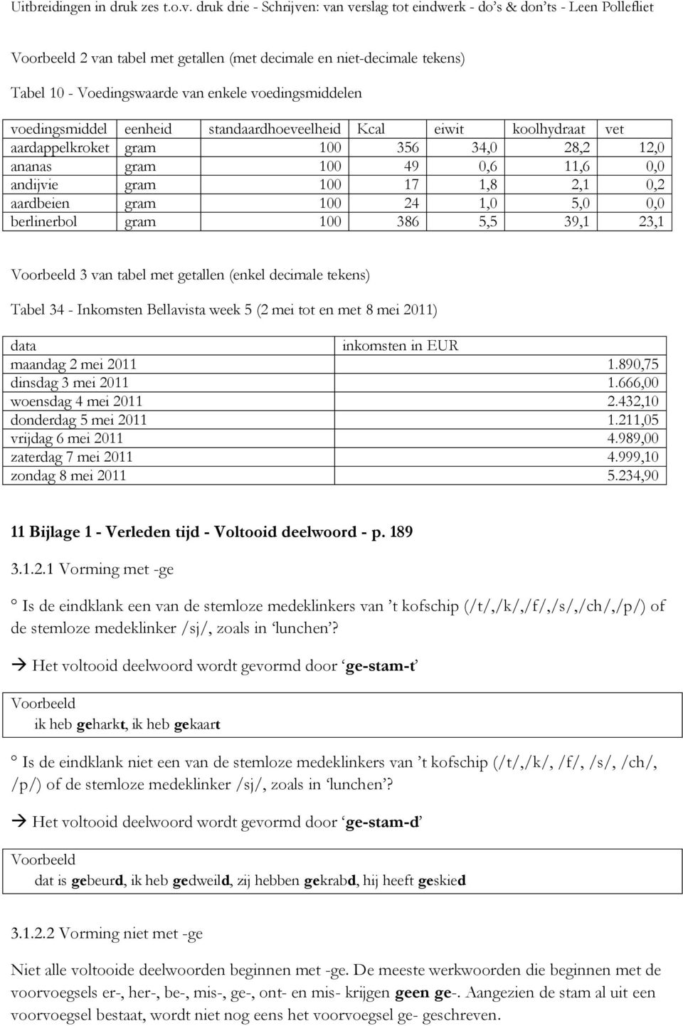 tabel met getallen (enkel decimale tekens) Tabel 34 - Inkomsten Bellavista week 5 (2 mei tot en met 8 mei 2011) data inkomsten in EUR maandag 2 mei 2011 1.890,75 dinsdag 3 mei 2011 1.
