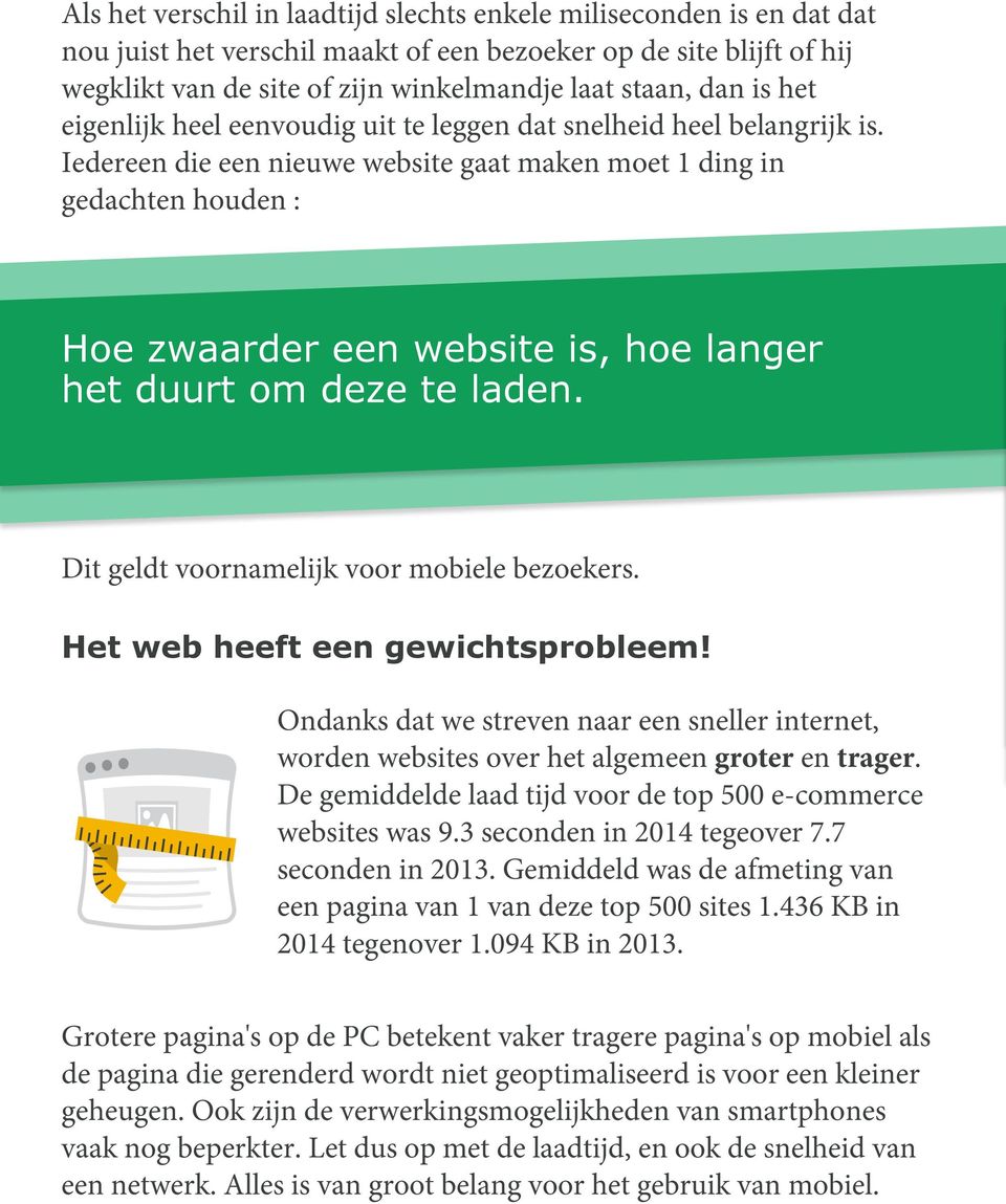 Iedereen die een nieuwe website gaat maken moet 1 ding in gedachten houden : Hoe zwaarder een website is, hoe langer het duurt om deze te laden. Dit geldt voornamelijk voor mobiele bezoekers.