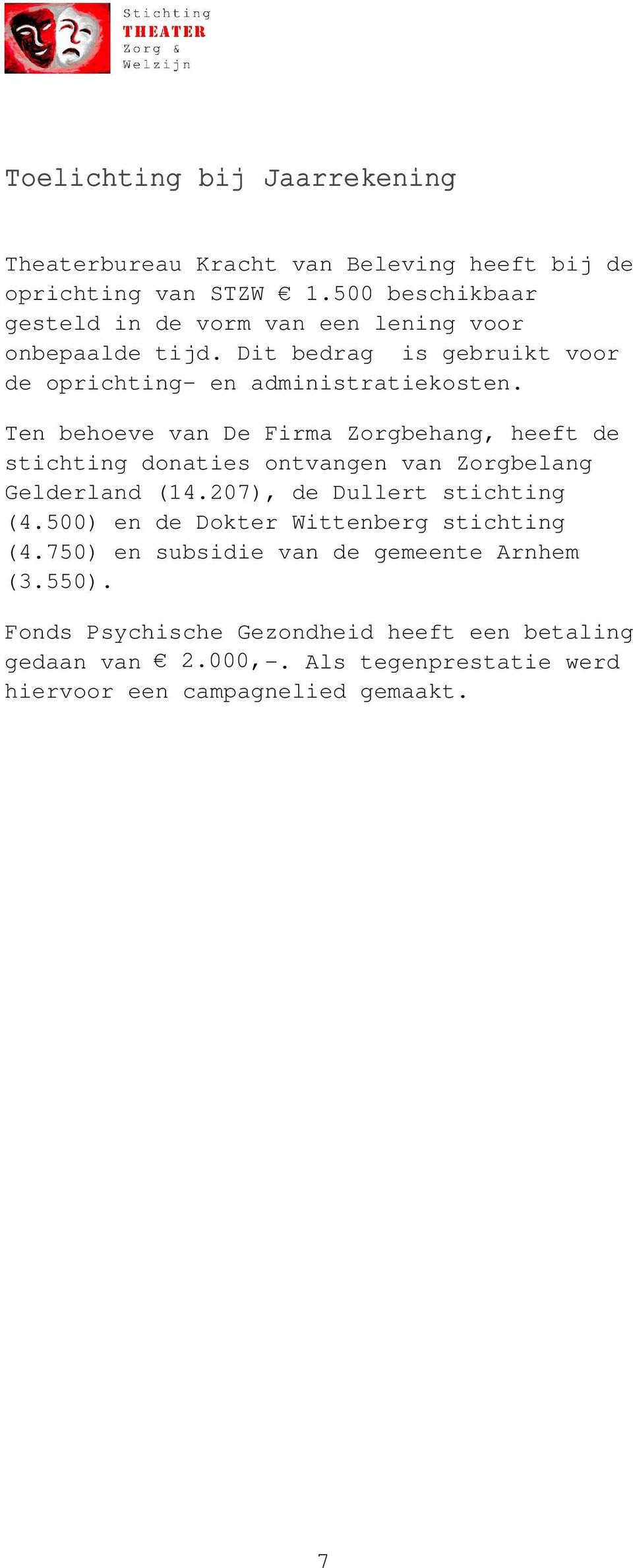 Ten behoeve van De Firma Zorgbehang, heeft de stichting donaties ontvangen van Zorgbelang Gelderland (14.207), de Dullert stichting (4.