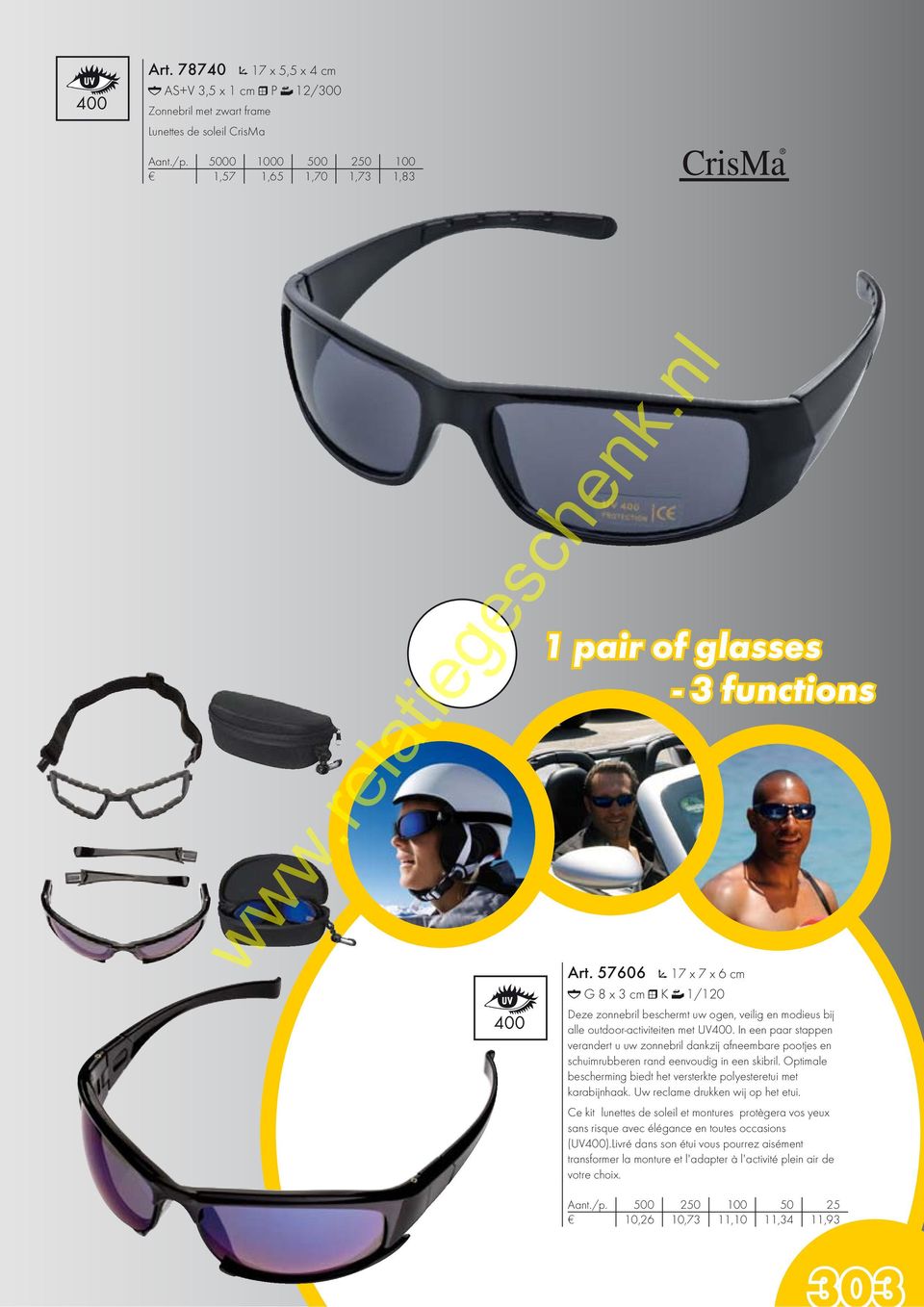 57606 17 x 7 x 6 cm G 8 x 3 cm K 1/120 Deze zonnebril beschermt uw ogen, veilig en modieus bij alle outdoor-activiteiten met UV400.