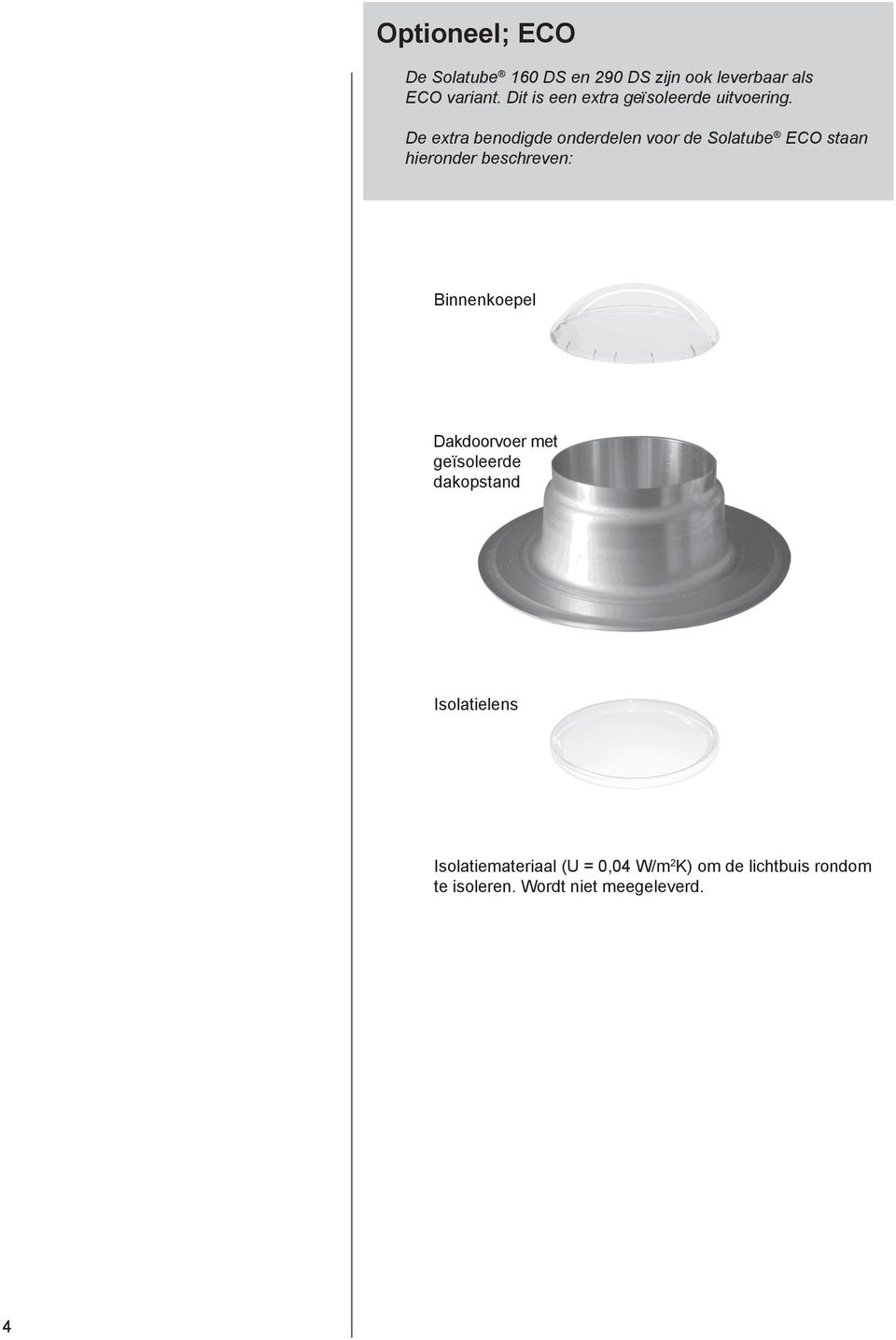 De extra benodigde onderdelen voor de Solatube ECO staan hieronder beschreven: