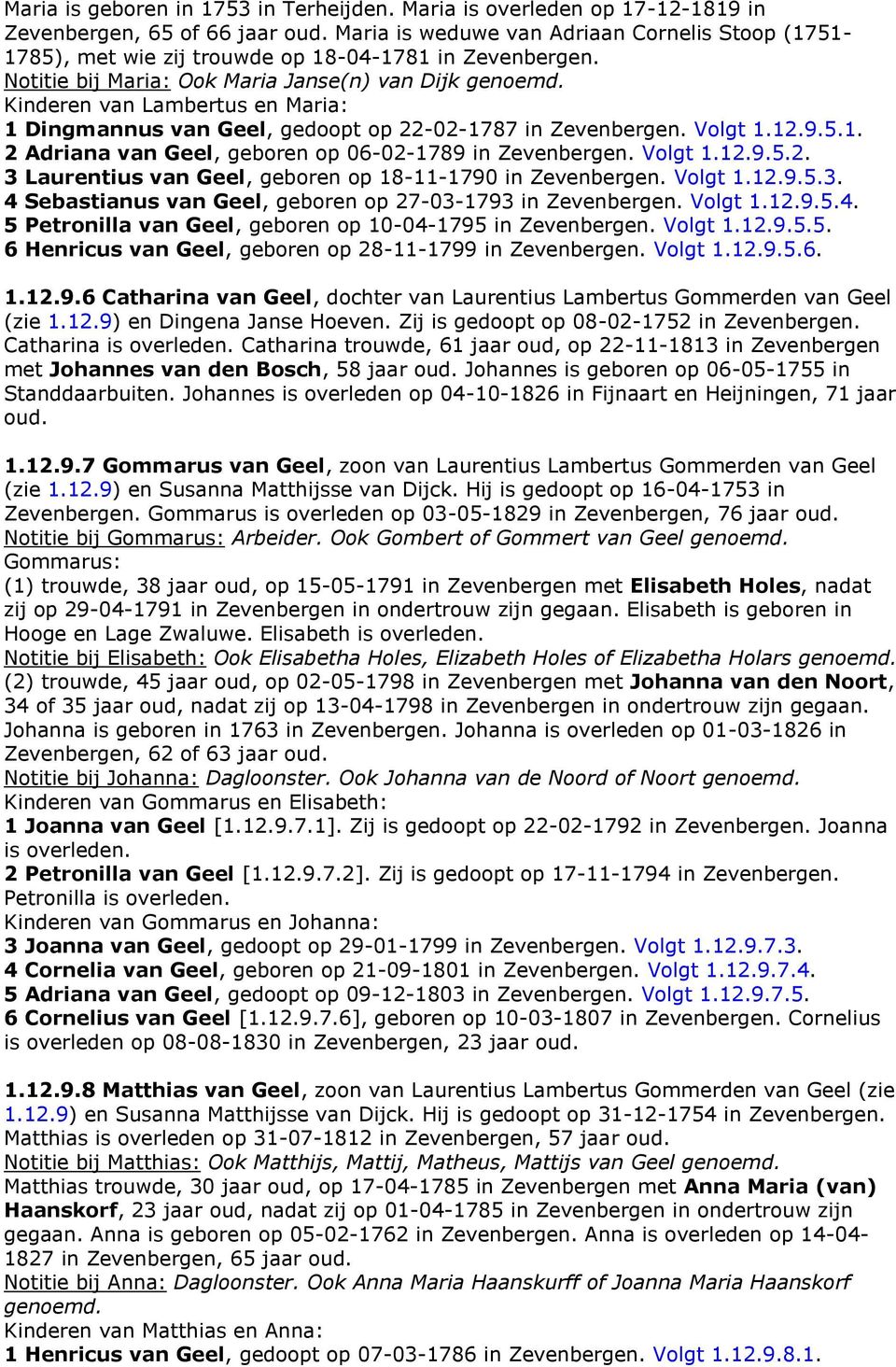 Kinderen van Lambertus en Maria: 1 Dingmannus van Geel, gedoopt op 22-02-1787 in Zevenbergen. Volgt 1.12.9.5.1. 2 Adriana van Geel, geboren op 06-02-1789 in Zevenbergen. Volgt 1.12.9.5.2. 3 Laurentius van Geel, geboren op 18-11-1790 in Zevenbergen.