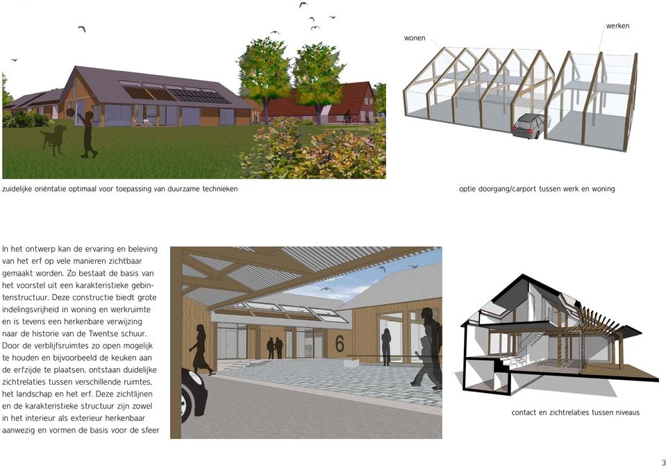 Deze constructie biedt grote indelingsvrijheid in woning en werkruimte en is tevens een herkenbare verwijzing naar de historie van de Twentse schuur.