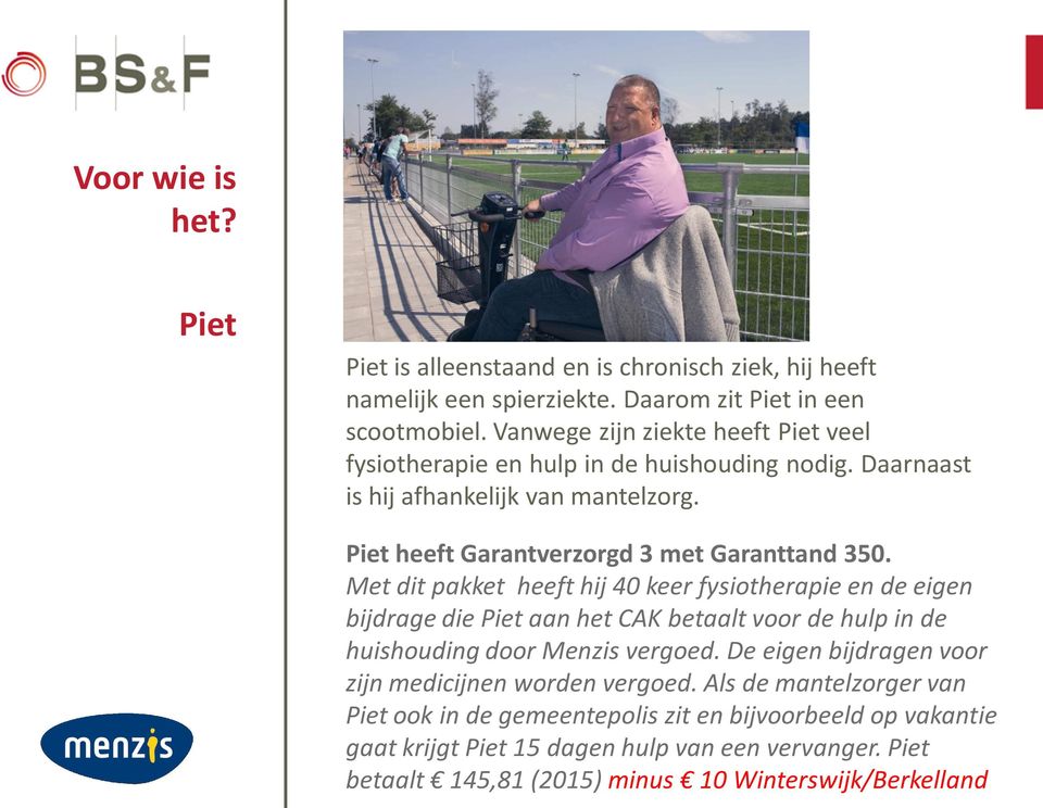 Met dit pakket heeft hij 40 keer fysiotherapie en de eigen bijdrage die Piet aan het CAK betaalt voor de hulp in de huishouding door Menzis vergoed.