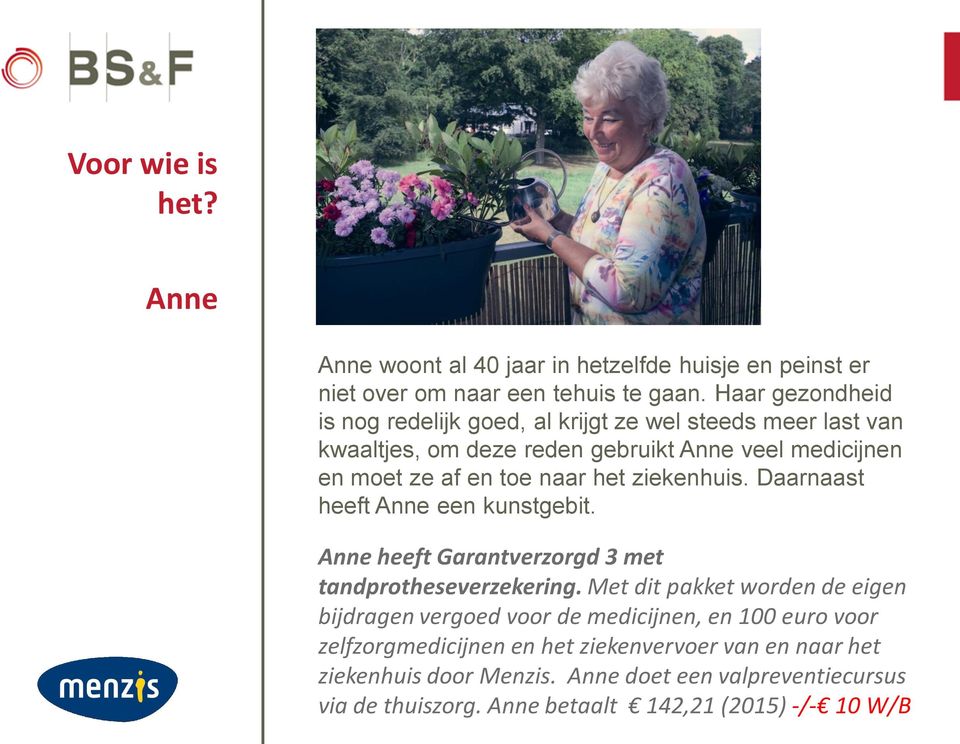 het ziekenhuis. Daarnaast heeft Anne een kunstgebit. Anne heeft Garantverzorgd 3 met tandprotheseverzekering.