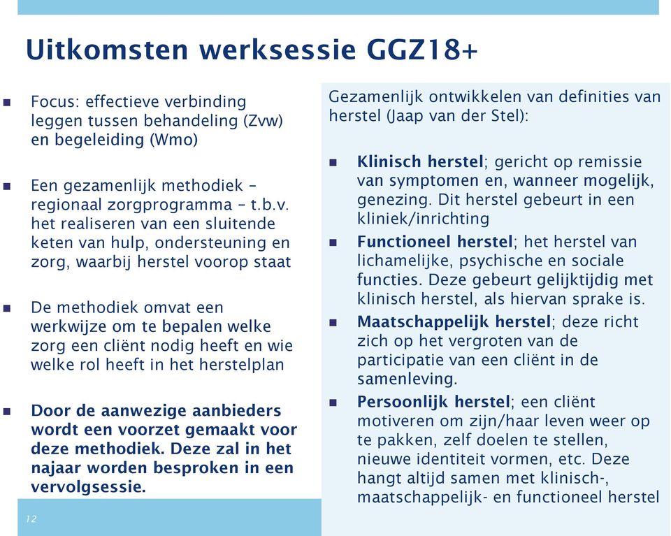 waarbij herstel voorop staat De methodiek omvat een werkwijze om te bepalen welke zorg een cliënt nodig heeft en wie welke rol heeft in het herstelplan Door de aanwezige aanbieders wordt een voorzet