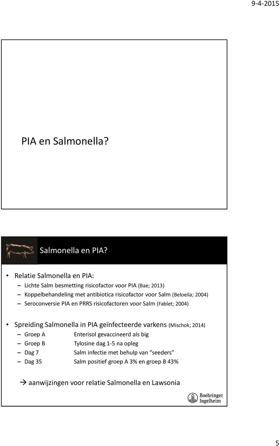 Salm (Beloeila; 2004) Seroconversie PIA en PRRS risicofactoren voor Salm (Fablet; 2004) Spreiding Salmonella in PIA geïnfecteerde