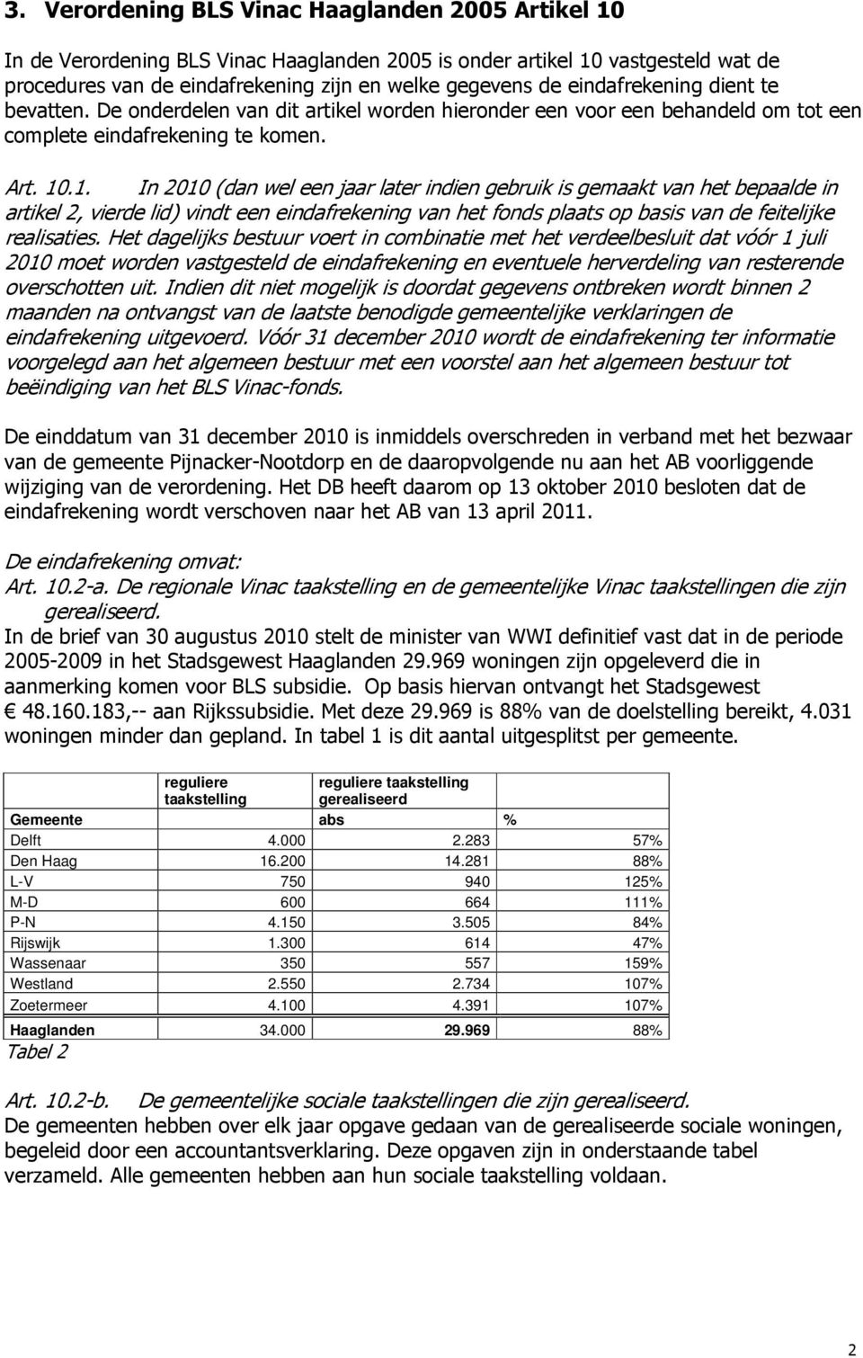 .1. In 2010 (dan wel een jaar later indien gebruik is gemaakt van het bepaalde in artikel 2, vierde lid) vindt een eindafrekening van het fonds plaats op basis van de feitelijke realisaties.