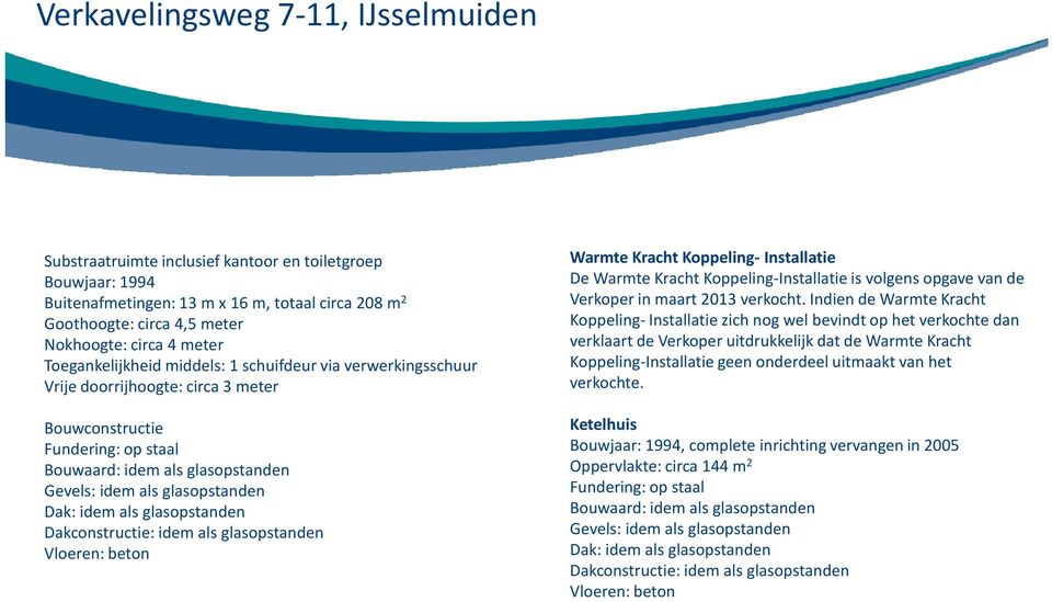 Dakconstructie: idem als glasopstanden Vloeren: beton Warmte Kracht Koppeling- Installatie De Warmte Kracht Koppeling-Installatieis volgens opgave van de Verkoper in maart 2013 verkocht.