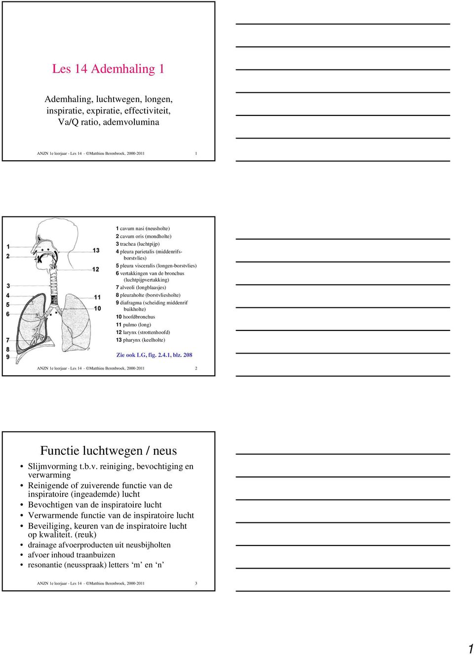 alveoli (longblaasjes) 8 pleuraholte (borstvliesholte) 9 diafragma (scheiding middenrif buikholte) 10 hoofdbronchus 11 pulmo (long) 12 larynx (strottenhoofd) 13 pharynx (keelholte) Zie ook LG, fig. 2.