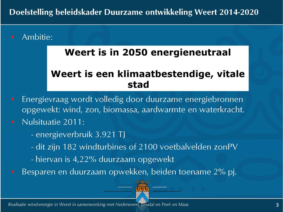Nulsituatie2011: Weert is in 2050 energieneutraal Weert is een klimaatbestendige, vitale stad - energieverbruik 3.