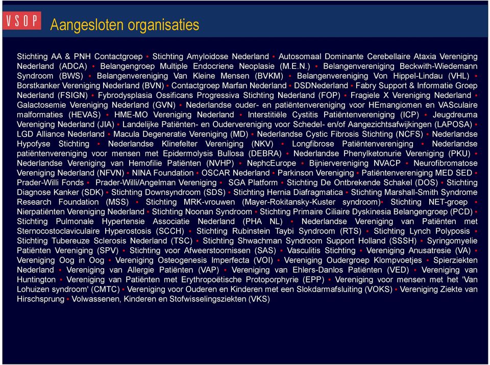 Contactgroep Marfan Nederland DSDNederland Fabry Support & Informatie Groep Nederland (FSIGN) Fybrodysplasia Ossificans Progressiva Stichting Nederland (FOP) Fragiele X Vereniging Nederland