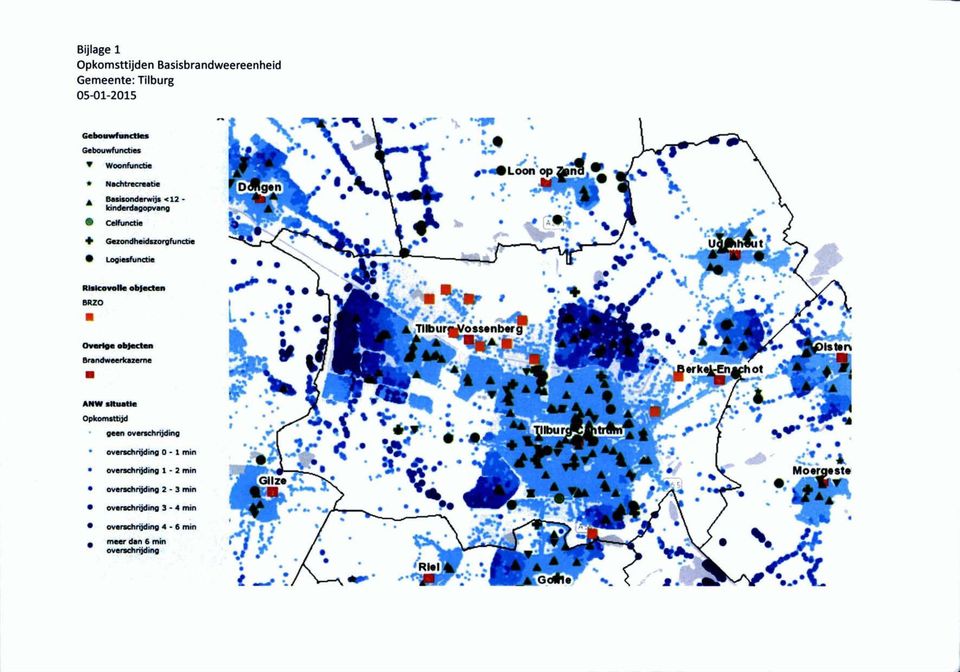 Brandweerkazerne % 4 ' iö/ Tllbur Moss*nb«rg J/ ANW situatie Opkomsttijd geen ovarechrijding overschrijding 0-1 min overschrijding 1-2 min