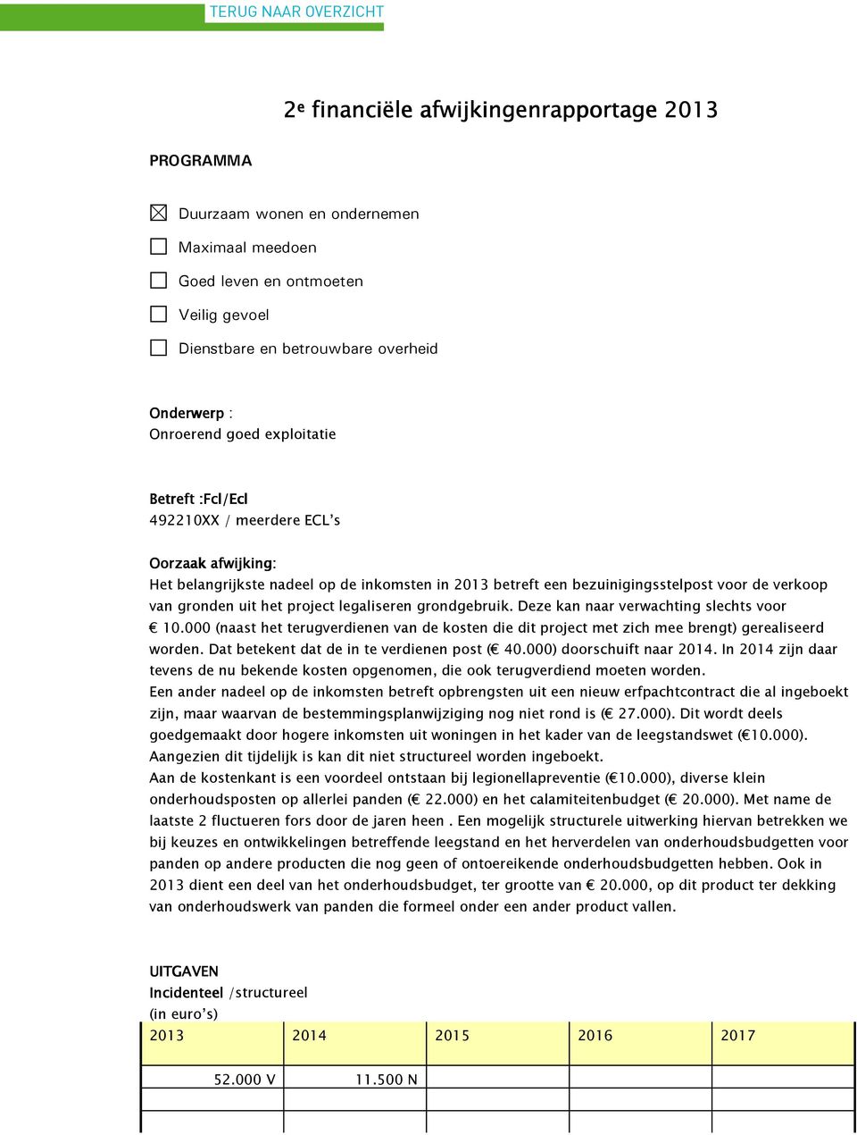 Dat betekent dat de in te verdienen post ( 40.000) doorschuift naar 2014. In 2014 zijn daar tevens de nu bekende kosten opgenomen, die ook terugverdiend moeten worden.