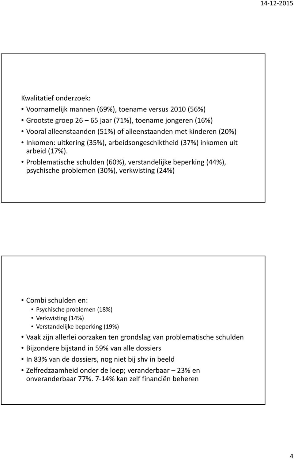 Problematische schulden (60%), verstandelijke beperking (44%), psychische problemen (30%), verkwisting (24%) Combi schulden en: Psychische problemen (18%) Verkwisting (14%) Verstandelijke