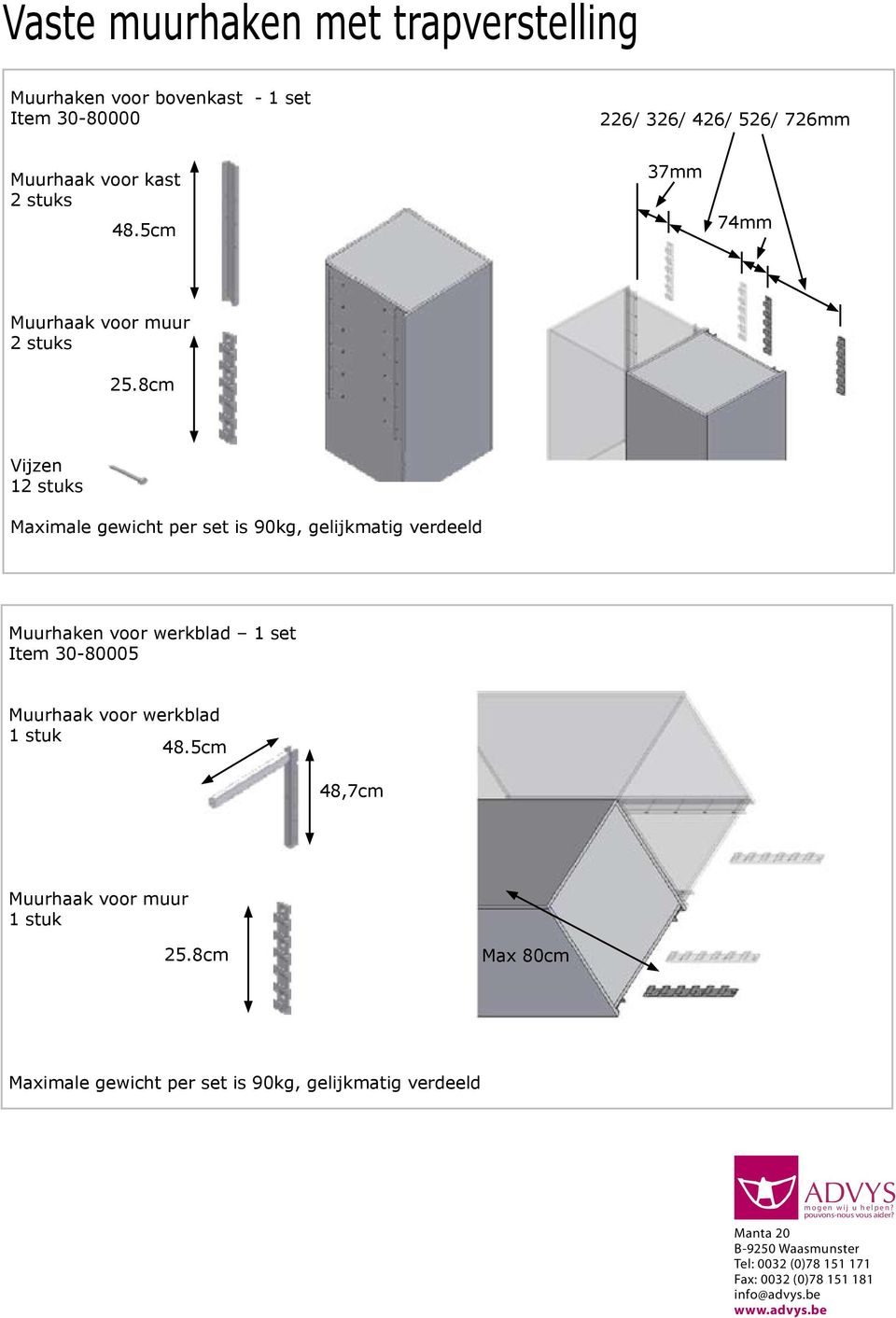 8cm Vijzen 12 stuks Maximale gewicht per set is 90kg, gelijkmatig verdeeld Muurhaken voor werkblad 1 set Item 30-80005 Muurhaak voor werkblad