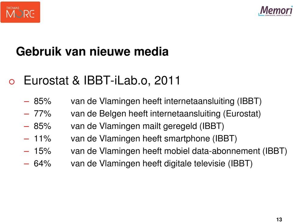 internetaansluiting (Eurostat) 85% van de Vlamingen mailt geregeld (IBBT) 11% van de