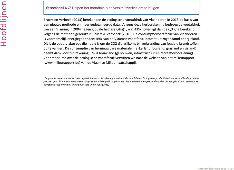 Volgens deze herberekening bedroeg de voetafdruk van een Vlaming in 24 negen globale hectare (gha) 1, wat 43% hoger ligt dan de 6,3 gha berekend volgens de methode gebruikt in Bruers & Verbeeck (21).