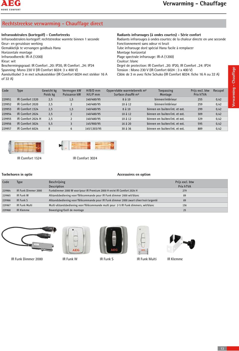 .24: IP24 Spanning: Mono 230 V (IR Comfort 6024: 3 x 400 V) Aansluitkabel 3 m met schukostekker (IR Comfort 6024 met stekker 16 A of 32 A) Radiants infrarouges (à ondes courtes) - Série confort