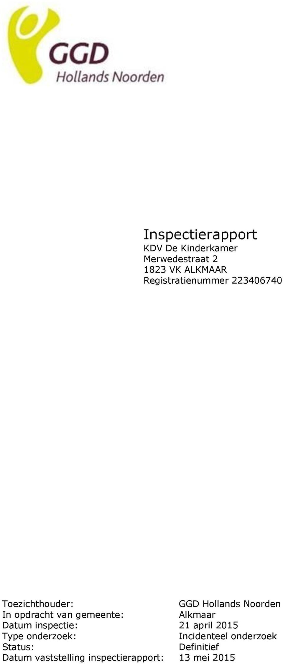 opdracht van gemeente: Alkmaar Datum inspectie: 21 april 2015 Type