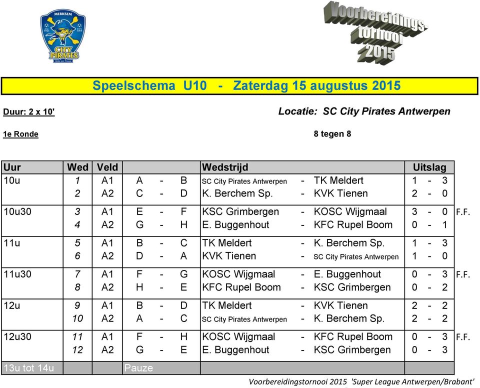 Berchem Sp. 1-3 6 A2 D - A KVK Tienen - SC City Pirates Antwerpen 1-0 11u30 7 A1 F 