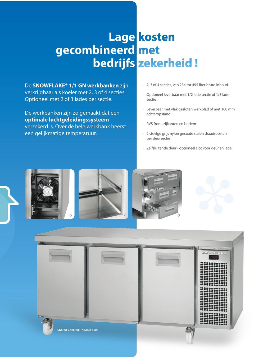 Over de hele werkbank heerst een gelijkmatige temperatuur. 2, 3 of 4 secties, van 234 tot 495 liter bruto inhoud.