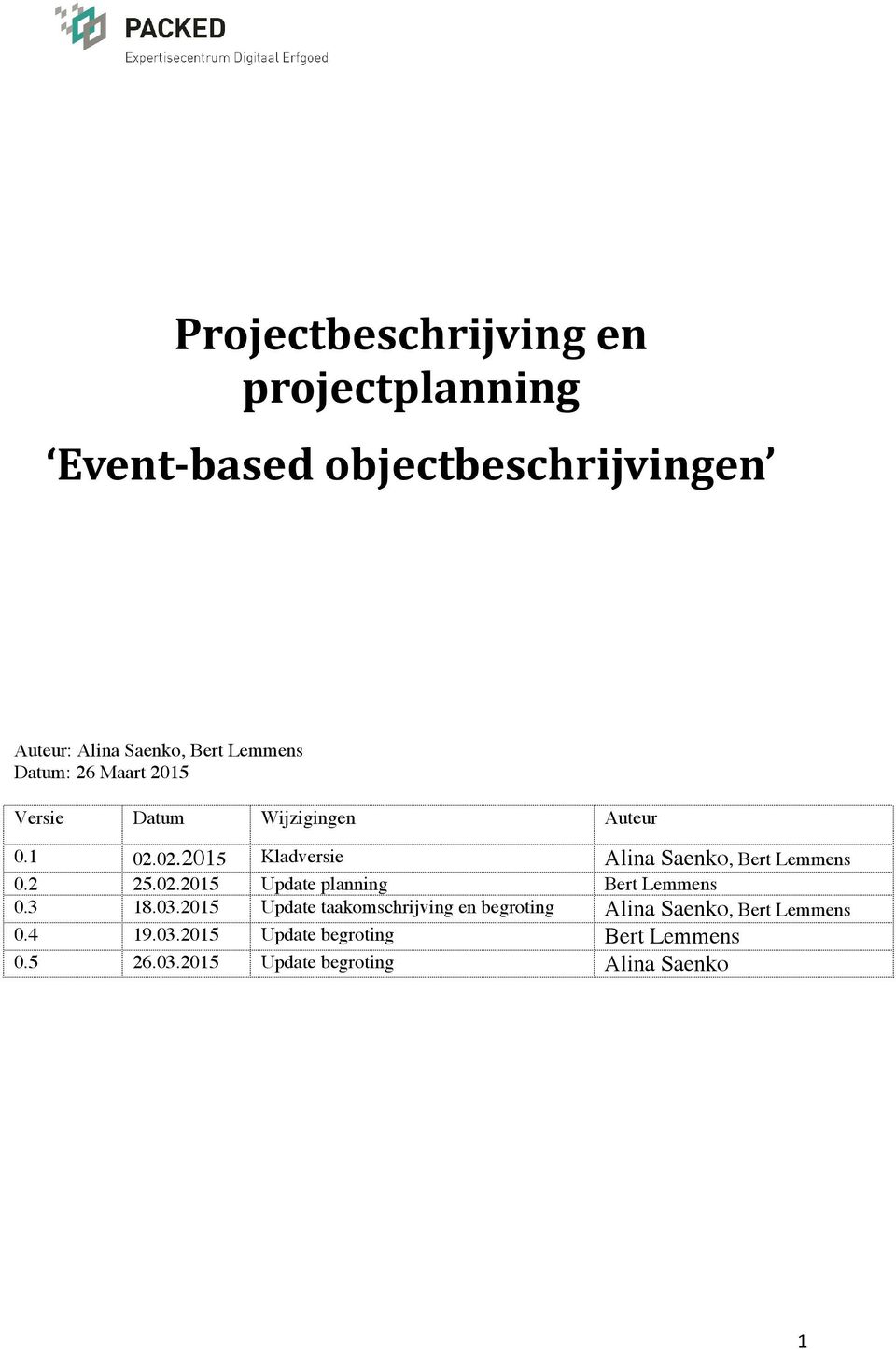 02.2015 Kladversie Alina Saenko, Bert Lemmens 0.2 25.02.2015 Update planning Bert Lemmens 0.3 18.03.