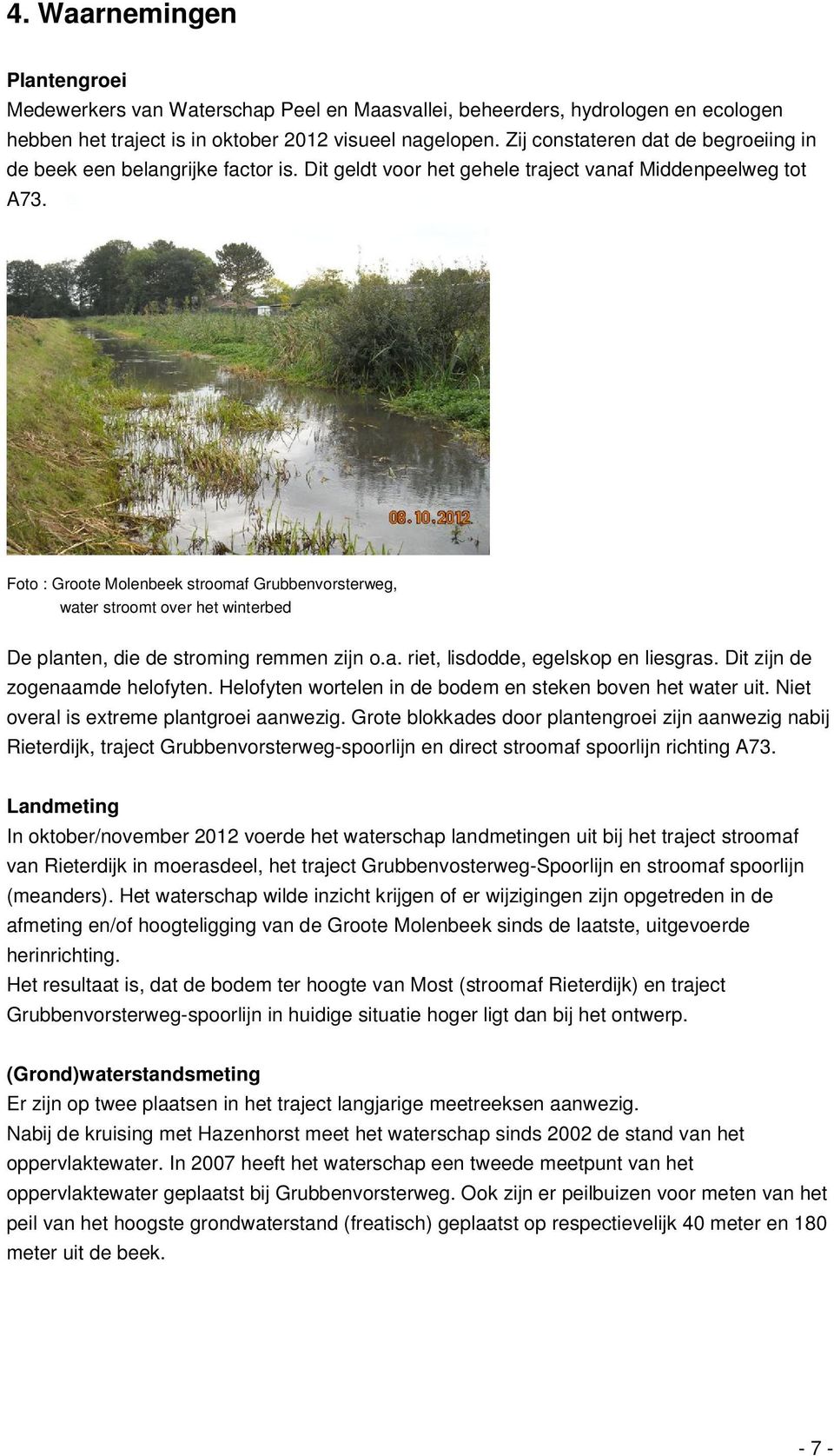 Foto : Groote Molenbeek stroomaf Grubbenvorsterweg, water stroomt over het winterbed De planten, die de stroming remmen zijn o.a. riet, lisdodde, egelskop en liesgras.