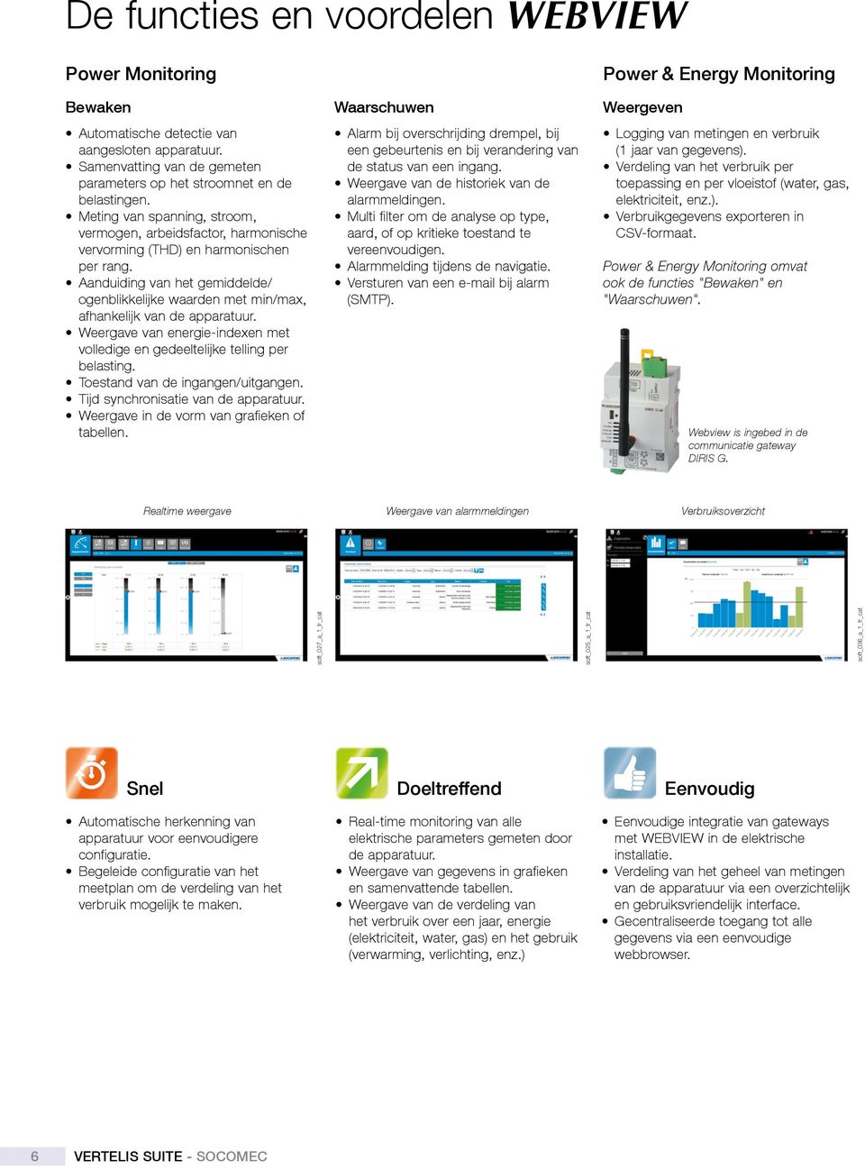 Aanduiding van het gemiddelde/ ogenblikkelijke waarden met min/max, afhankelijk van de apparatuur. Weergave van energie-indexen met volledige en gedeeltelijke telling per belasting.