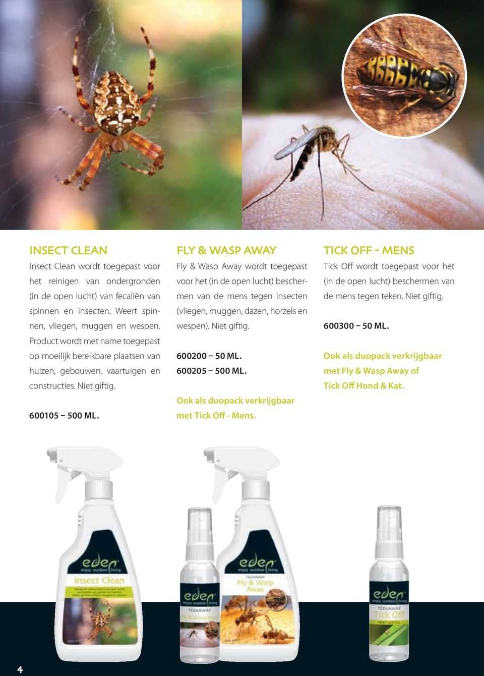 Fly & Wasp Away Fly & Wasp Away wordt toegepast voor het (in de open lucht) beschermen van de mens tegen insecten (vliegen, muggen, dazen, horzels en wespen). Niet giftig.