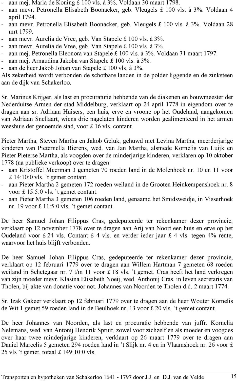 - aan mej. Arnaudina Jakoba van Stapele 100 vls. à 3%. - aan de heer Jakob Johan van Stapele 100 vls. à 3%. Als zekerheid wordt verbonden de schotbare landen in de polder liggende en de zinksteen aan de dijk van Schakerloo.