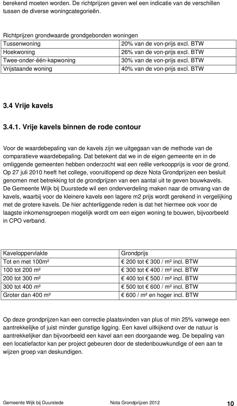 BTW Vrijstaande woning 40% van de von-prijs excl. BTW 3.4 Vrije kavels 3.4.1.