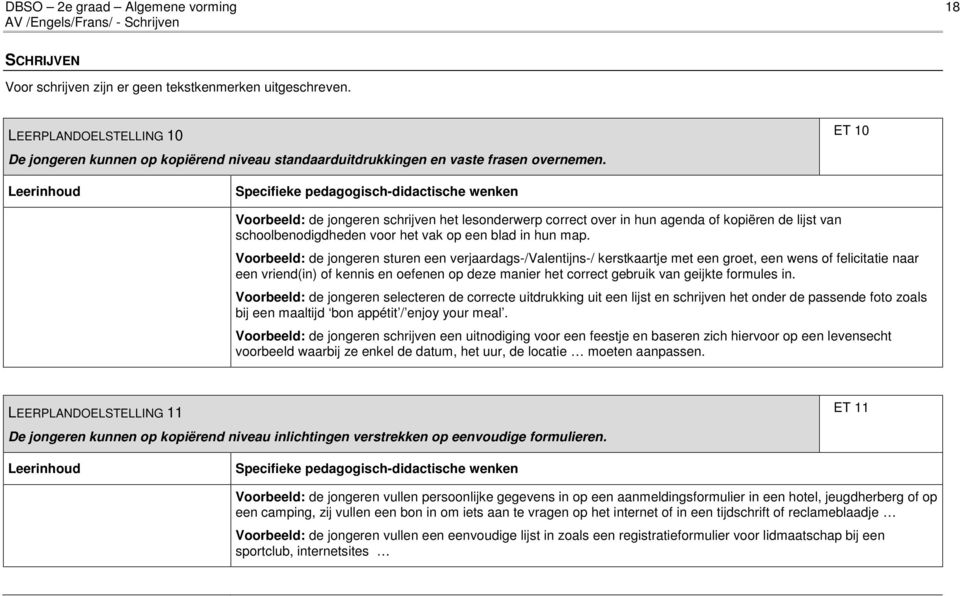 ET 10 Leerinhoud Specifieke pedagogisch-didactische wenken Voorbeeld: de jongeren schrijven het lesonderwerp correct over in hun agenda of kopiëren de lijst van schoolbenodigdheden voor het vak op