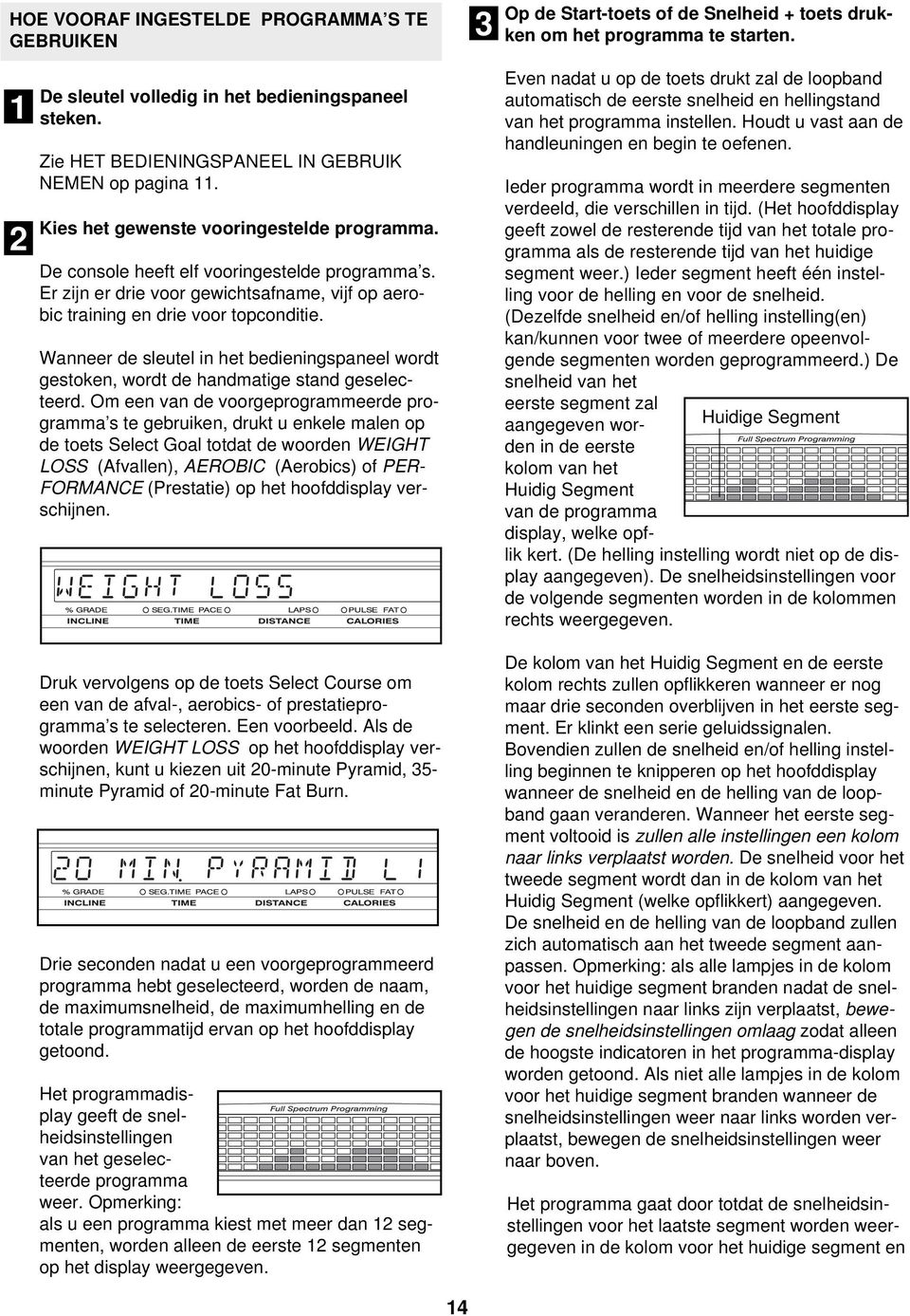 Er zijn er drie voor gewichtsafname, vijf op aerobic training en drie voor topconditie. Wanneer de sleutel in het bedieningspaneel wordt gestoken, wordt de handmatige stand geselecteerd.