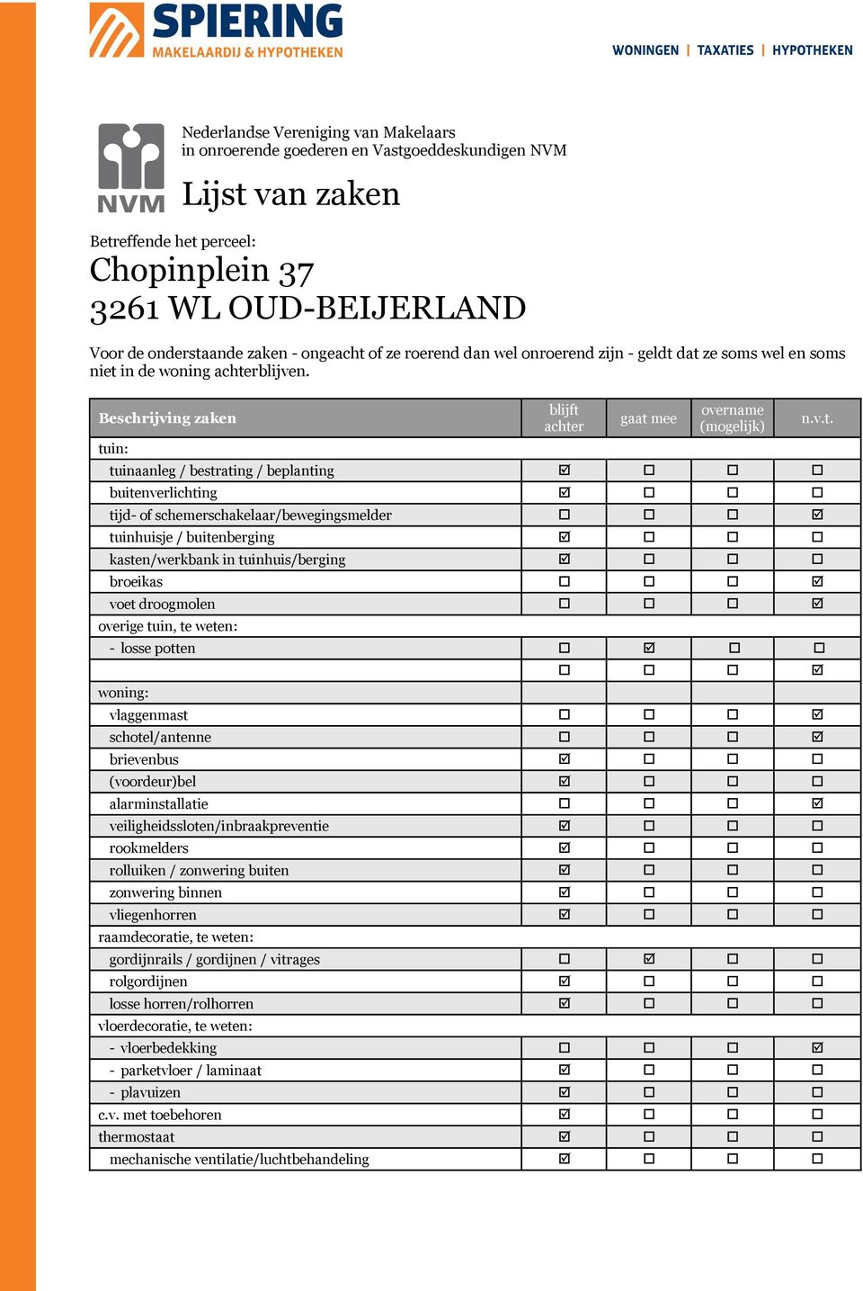 Beschrijving zaken tuin: blijft achter gaat mee overname (mogelijk) tuinaanleg / bestrating / beplanting buitenverlichting tijd- of schemerschakelaar/bewegingsmelder tuinhuisje / buitenberging