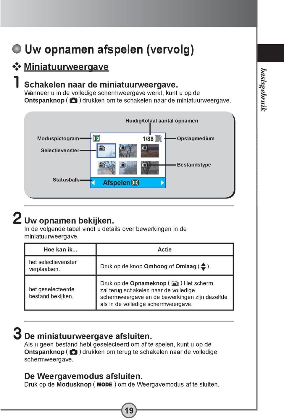 basisgebruik Huidig/totaal aantal opnamen Moduspictogram Selectievenster 1/88 Opslagmedium Bestandstype Statusbalk Afspelen 2 Uw opnamen bekijken.