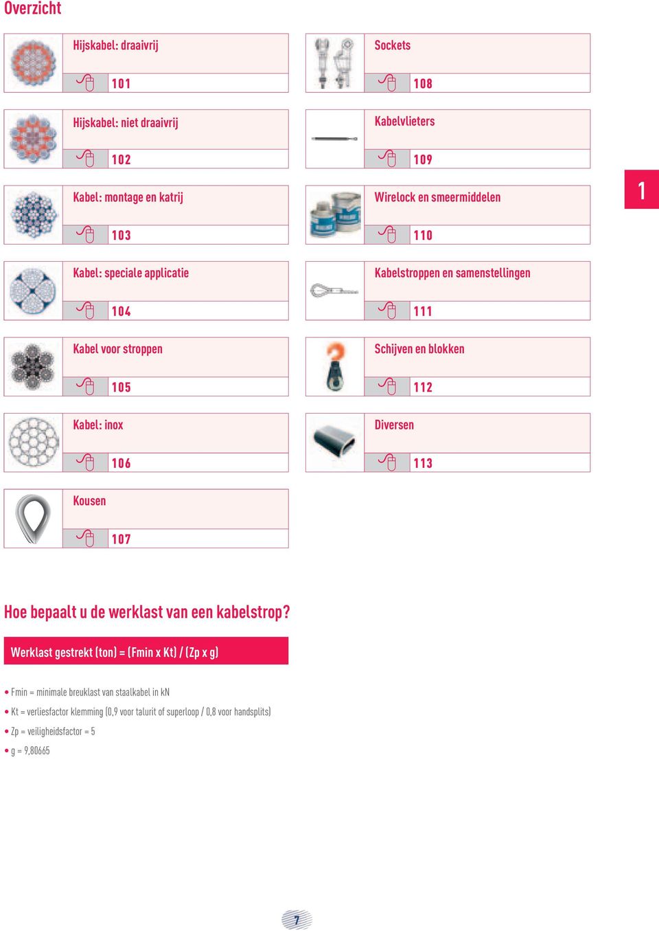 Kabel: inox 8 112 Diversen 8 106 Kousen 8 113 8 107 Hoe bepaalt u de werklast van een kabelstrop?