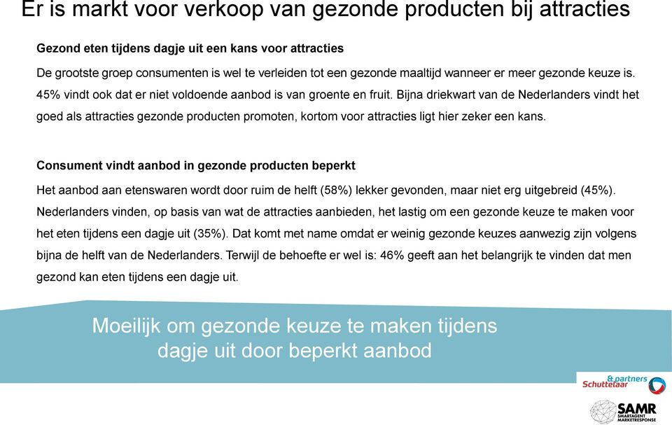 Bijna driekwart van de Nederlanders vindt het goed als attracties gezonde producten promoten, kortom voor attracties ligt hier zeker een kans.