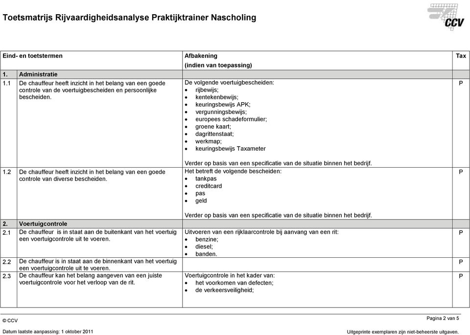 2 De chauffeur heeft inzicht in het belang van een goede controle van diverse bescheiden. 2. Voertuigcontrole 2.