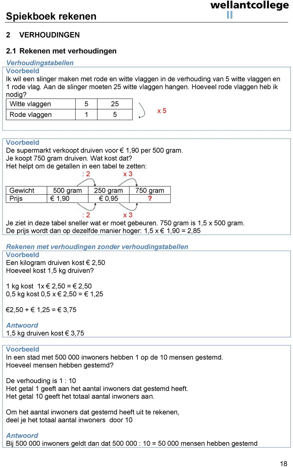 Je koopt 750 gram druiven. Wat kost dat? Het helpt om de getallen in een tabel te zetten: : 2 x 3 Gewicht 500 gram 250 gram 750 gram Prijs 1,90 0,95?