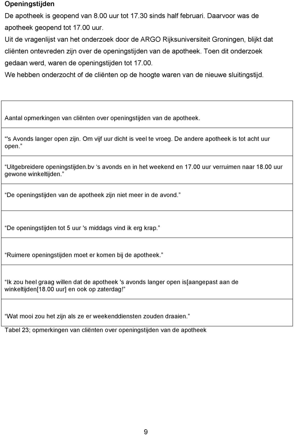 Uit de vragenlijst van het onderzoek door de ARGO Rijksuniversiteit Groningen, blijkt dat cliënten ontevreden zijn over de openingstijden van de apotheek.