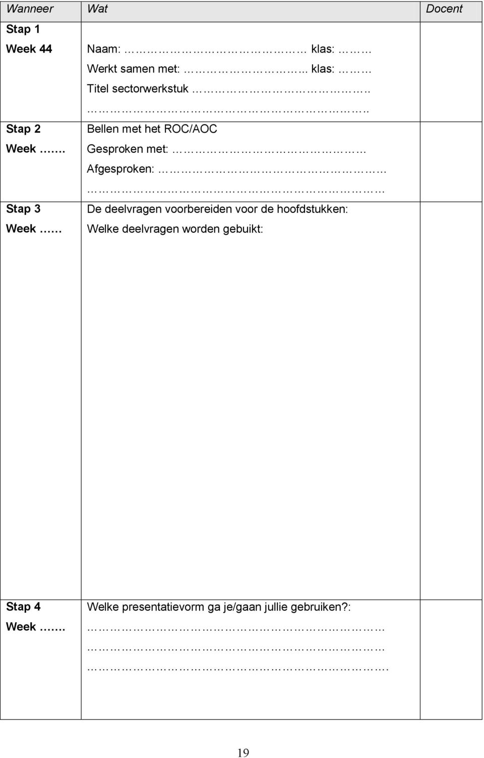 Bellen met het ROC/AOC Gesproken met: Afgesproken: Stap 3 Week De deelvragen