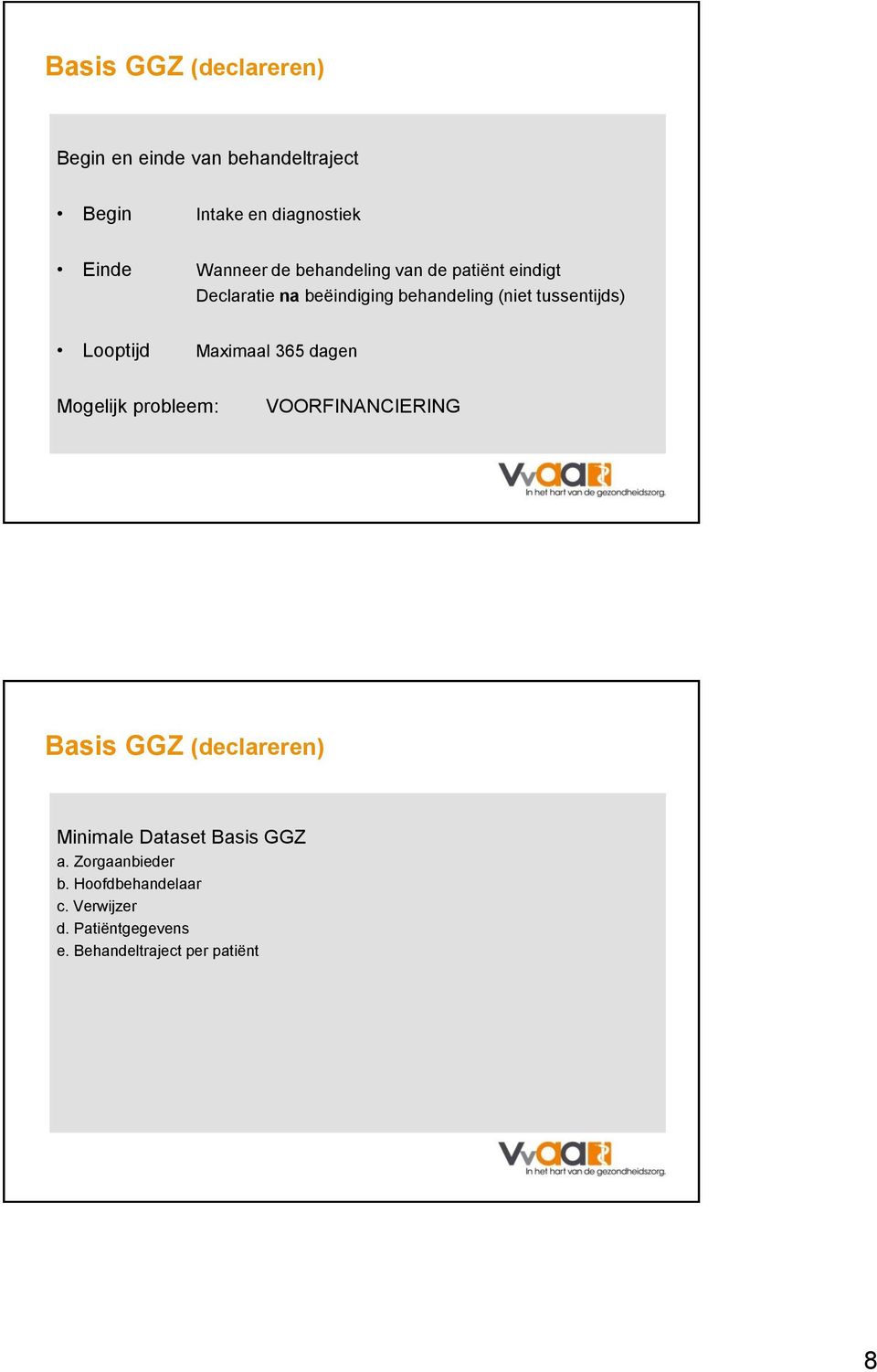 Maximaal 365 dagen Mogelijk probleem: VOORFINANCIERING Basis GGZ (declareren) Minimale Dataset Basis